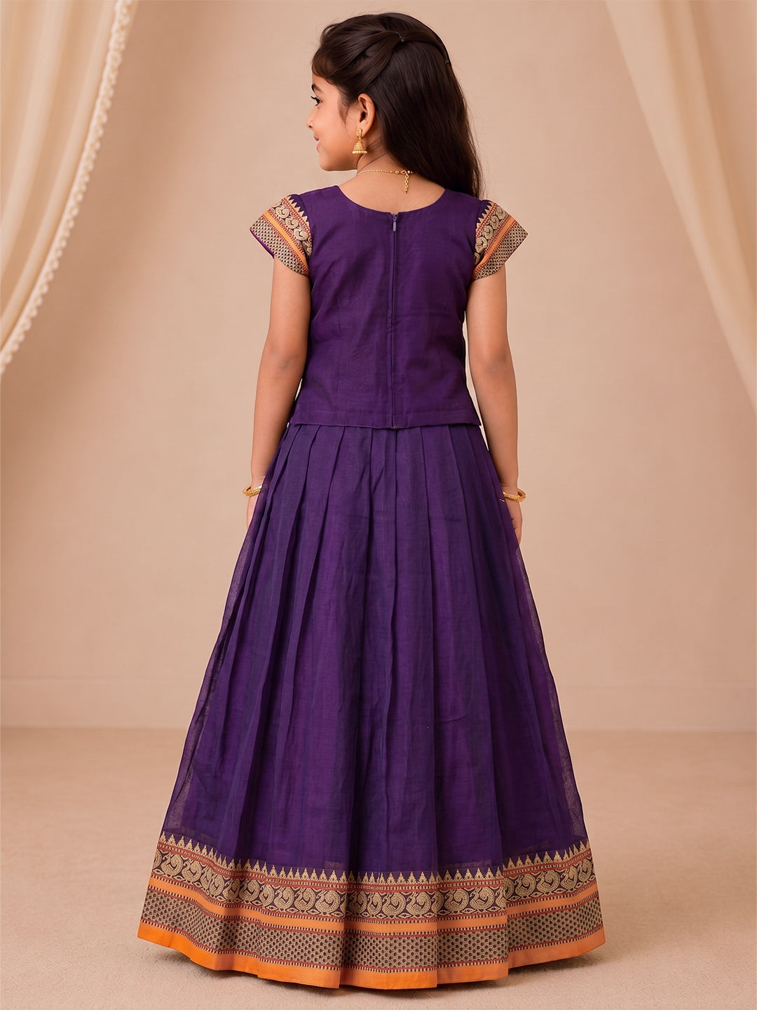 Girls Cotton Purple Pattu Pavadai Set GPS46
