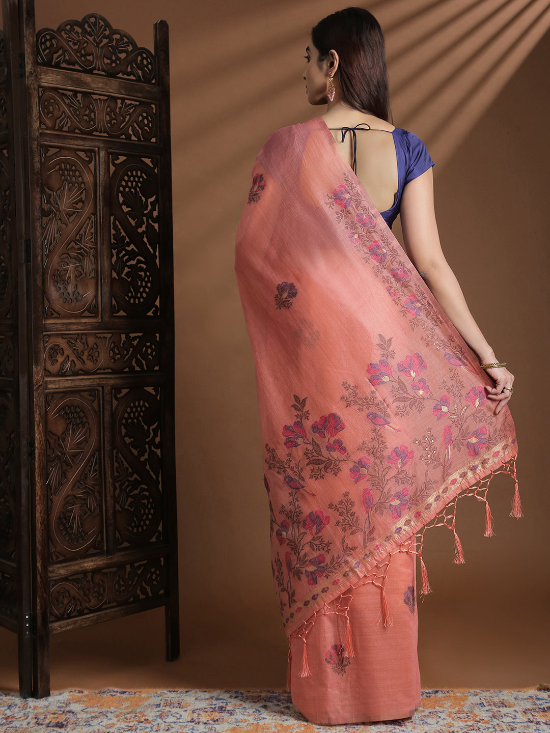 Women Peach Cotton Weaving Saree PCS245