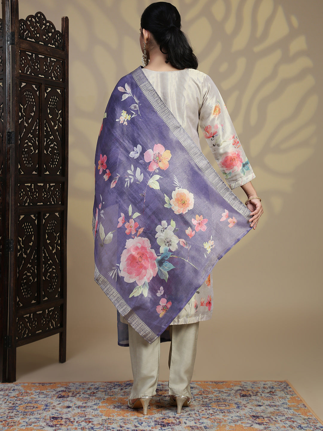 Women Beige Grey MM Silk Printed Kurti Set EKS100