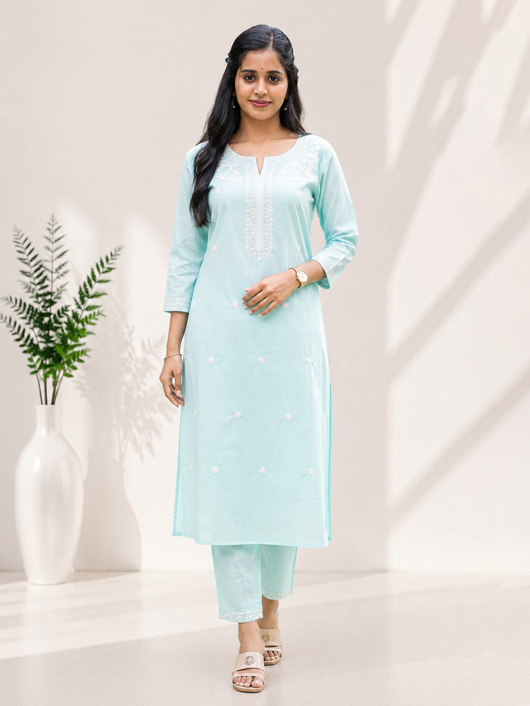 Women Cotton Embroidered Sky Blue Kurti Set EKS139