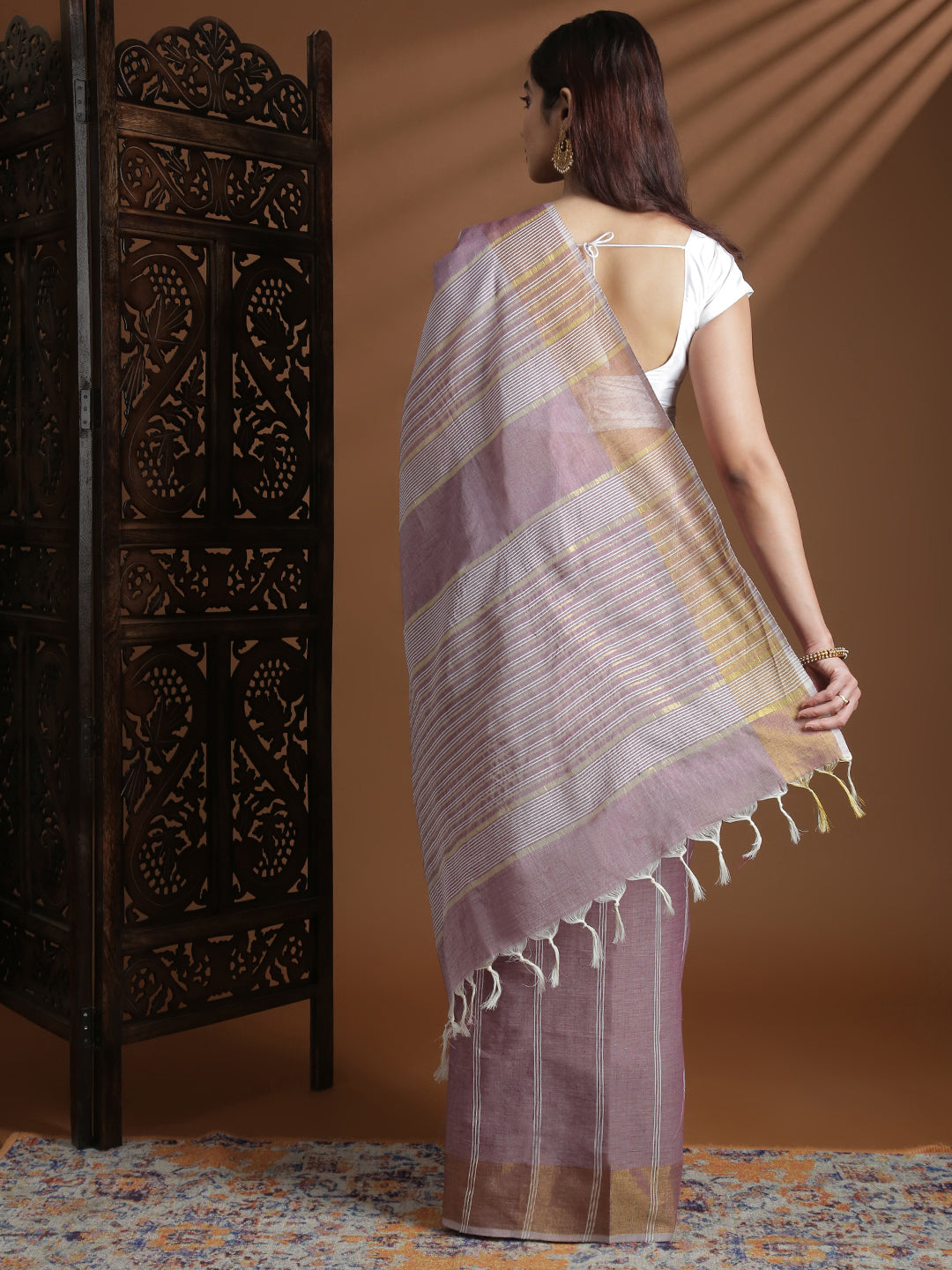 Women Purple Striped Cotton Jute Saree CJ10