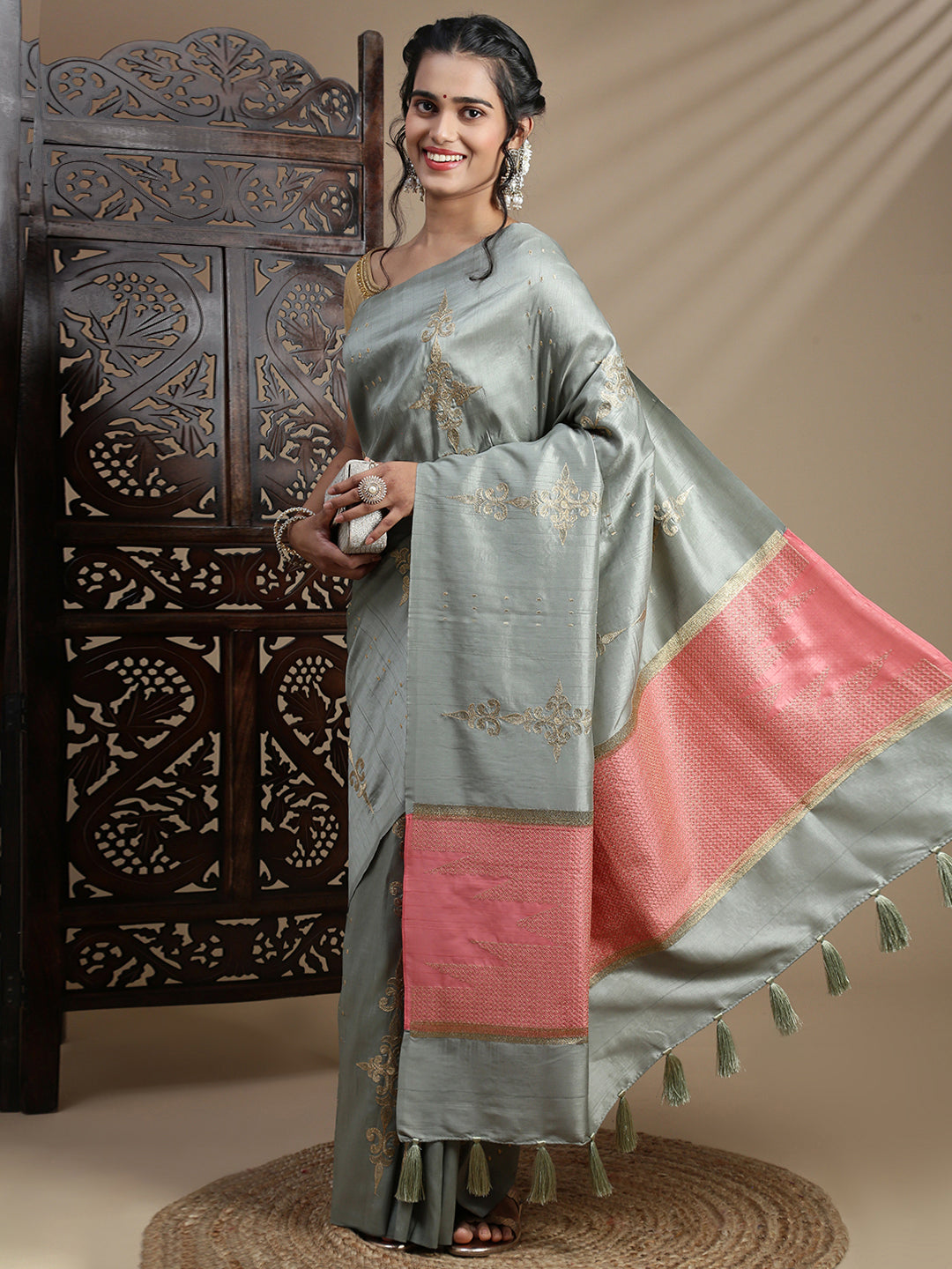 Women Sage Green Semi Tussar Embroidered Saree ST313