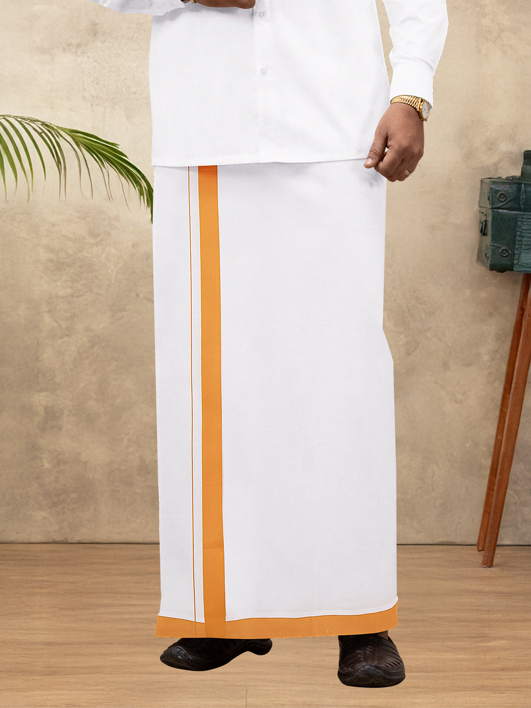 Men Cotton Blend Single Layer White Dhoti with Big Border WS23