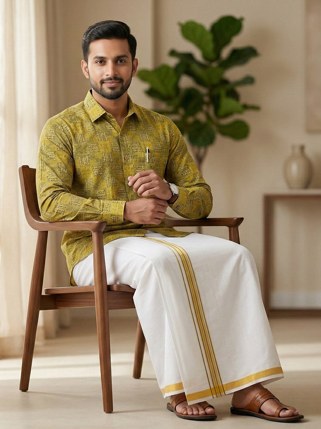 Men Lemon Yellow Matching Border Dhoti With Printed Shirt Set Fusion PS29