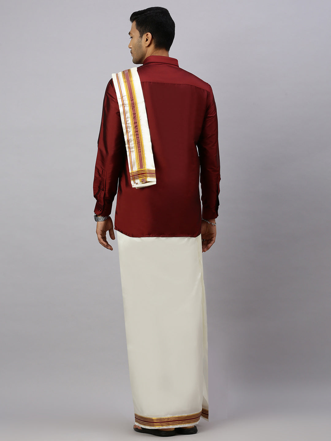 Men Full Sleeves Maroon Shirt with Matching Border Cream Dhoti & Towel Set K7
