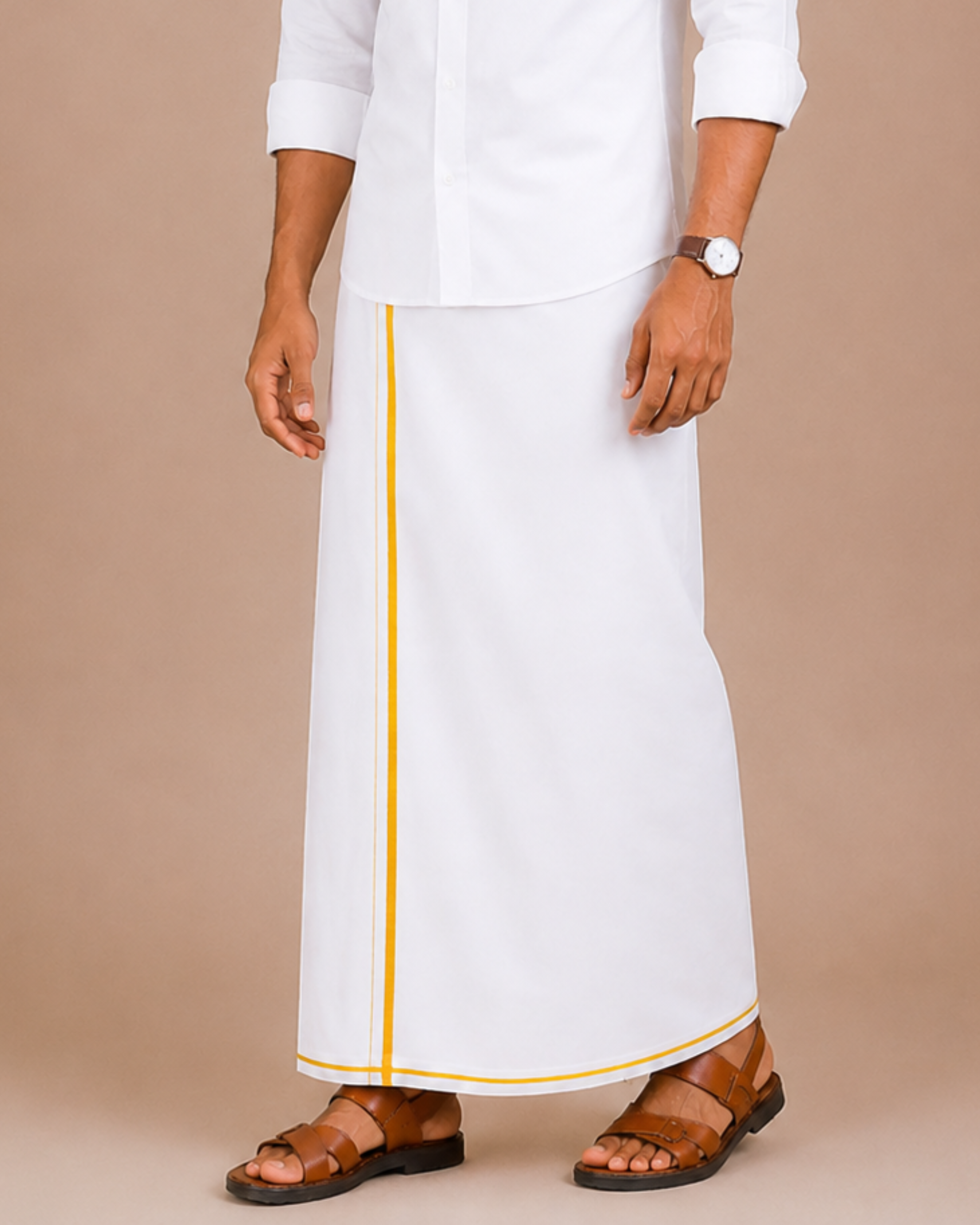 Men 100% Cotton Double Layer White Dhoti with Small Border Real Value RV02