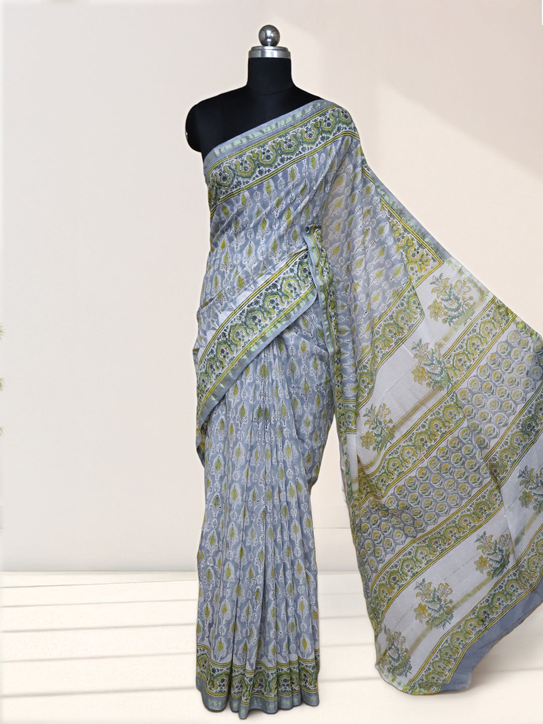 Women Light Blue Pure Chanderi Cotton Printed Saree SC75