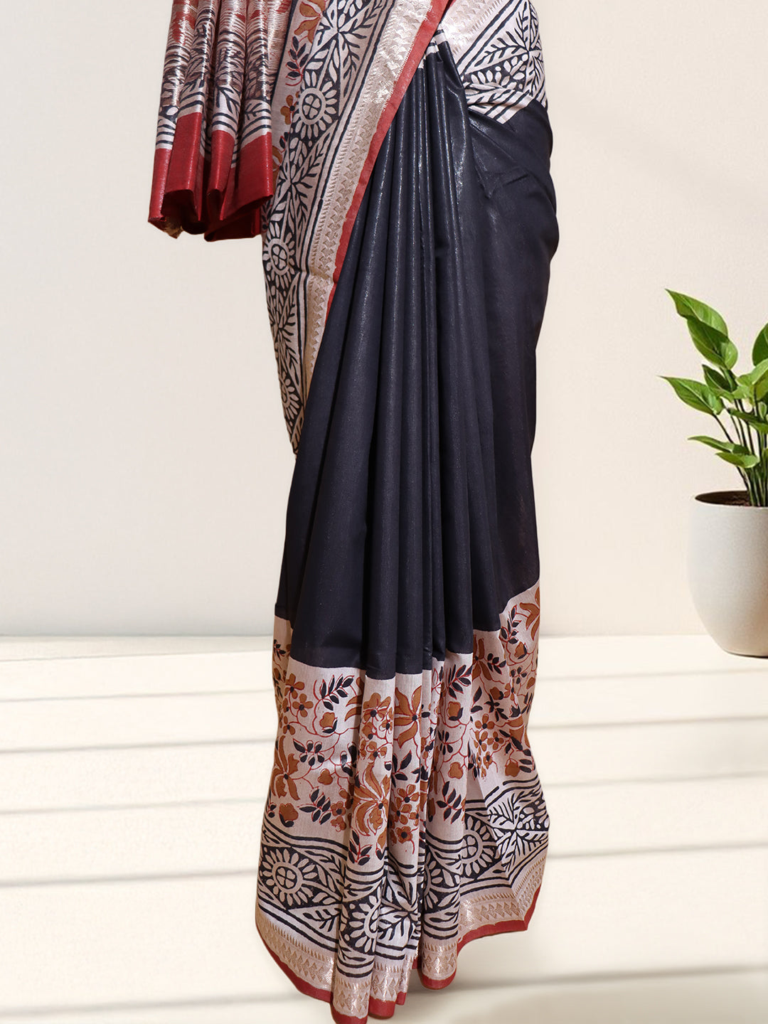 Women Black Semi Chanderi Cotton Printed Saree SC80
