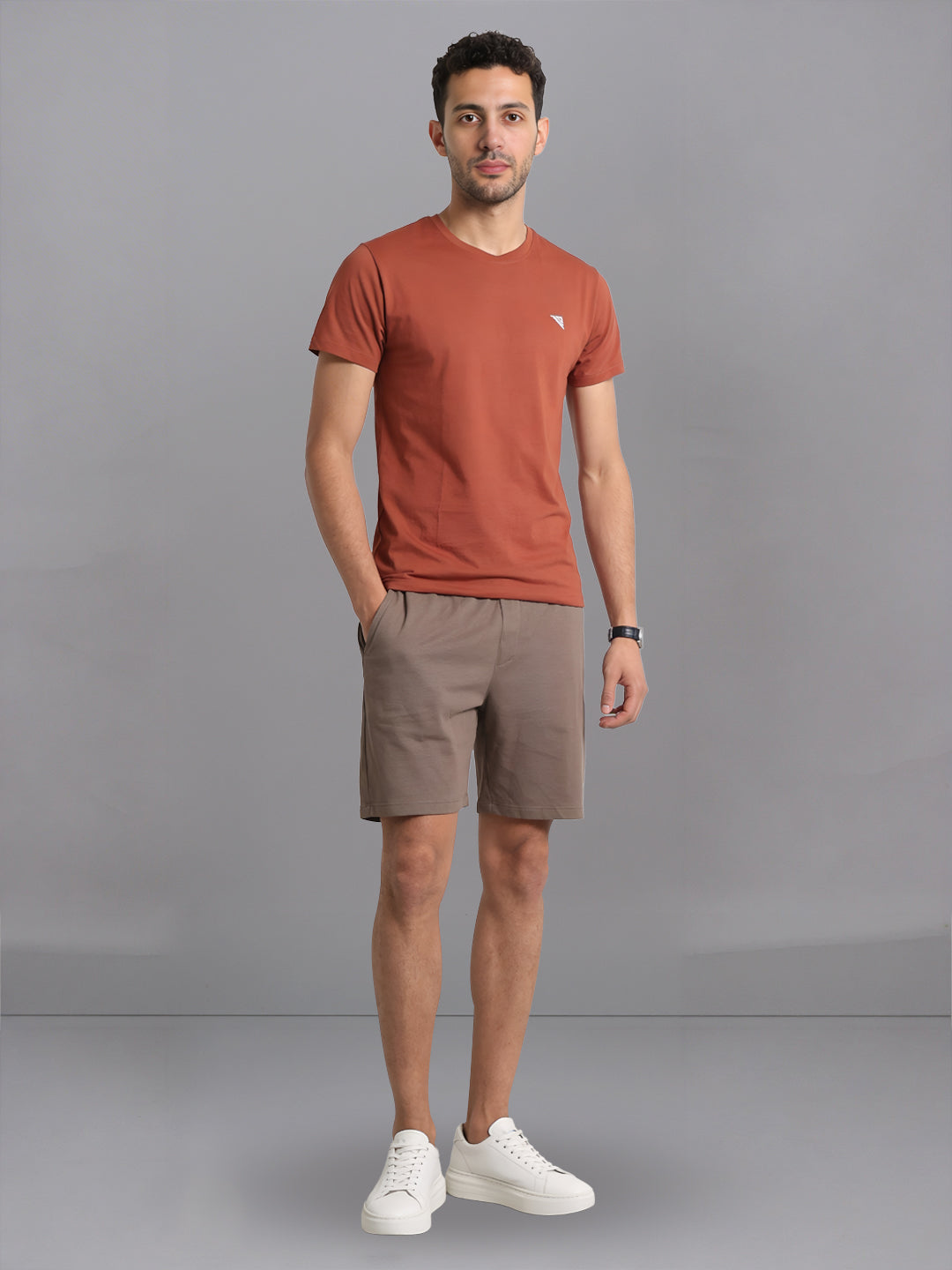 Men Orange Crew neck T-Shirt with Taupe Shorts Combo ES9