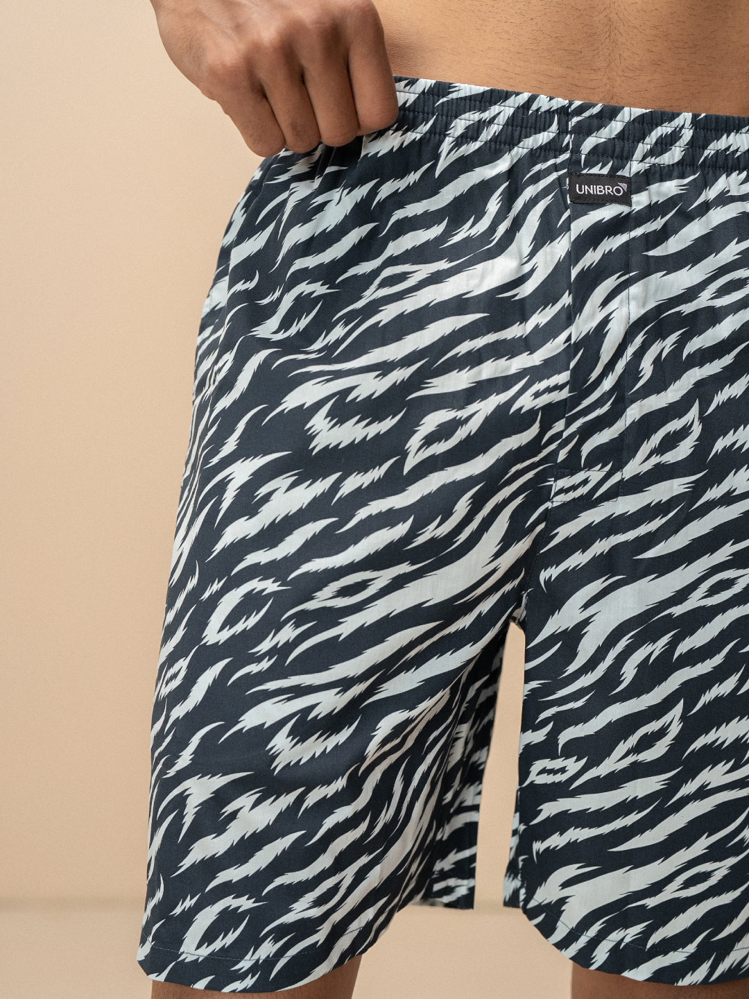 Men 100% Combed Cotton Navy Woven Printed Boxer Long Shorts WB56
