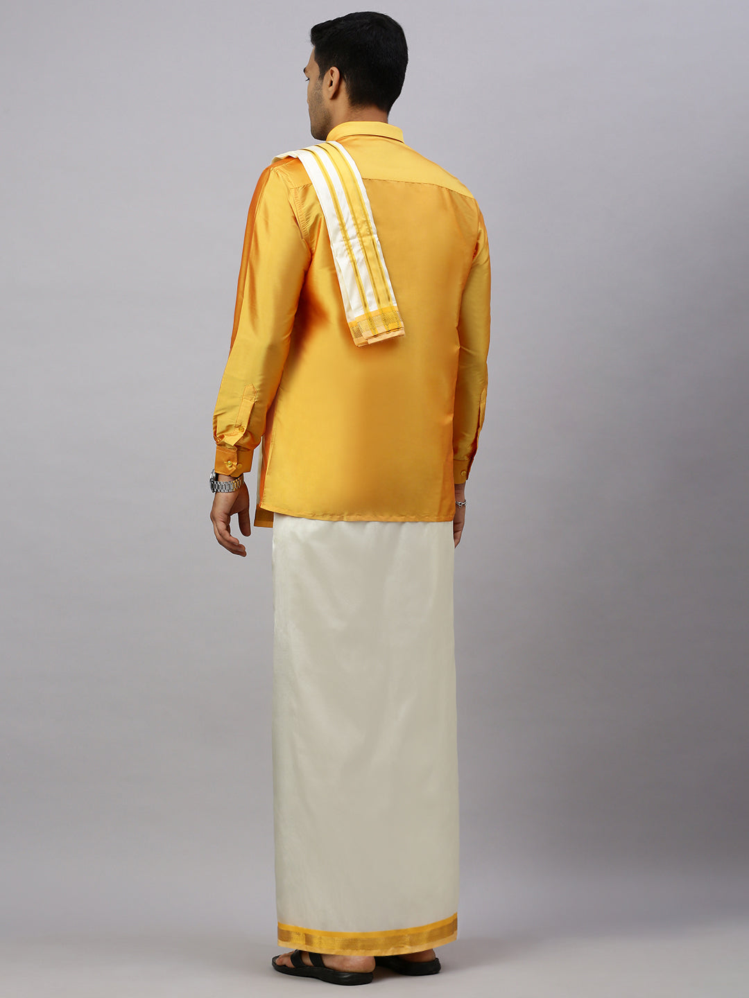 Men Full Sleeves Golden Yellow Shirt with Matching Border Cream Dhoti & Towel Set K6