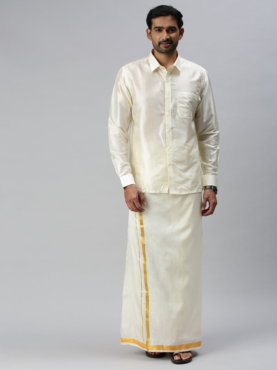 Mens Silk Feel Cream Shirt Full Sleeves with Readymade Dhoti Combo