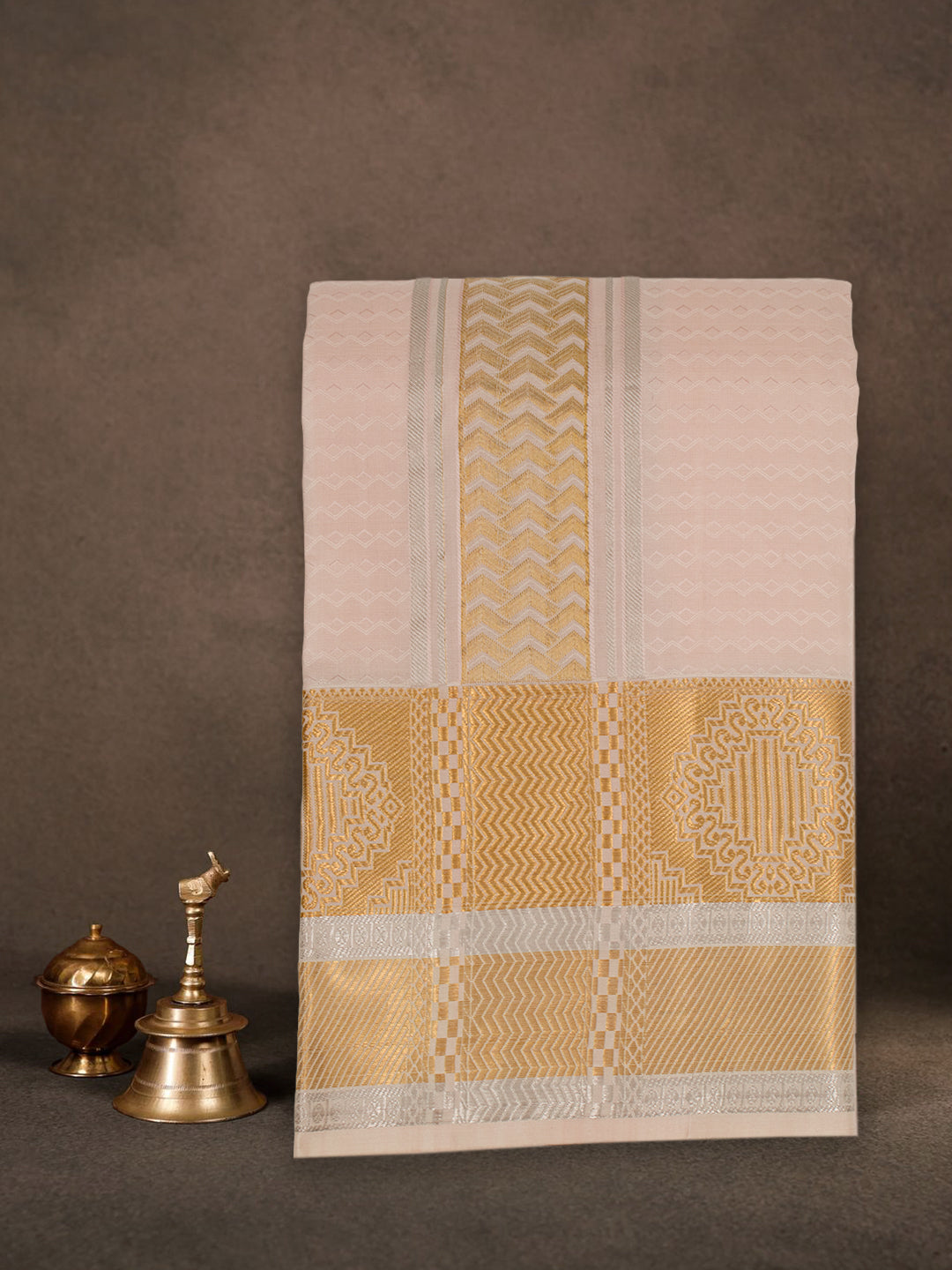Men Pure Silk Peach Dhoti & Towel Set with 4" inch Silver Jari Border TKC14