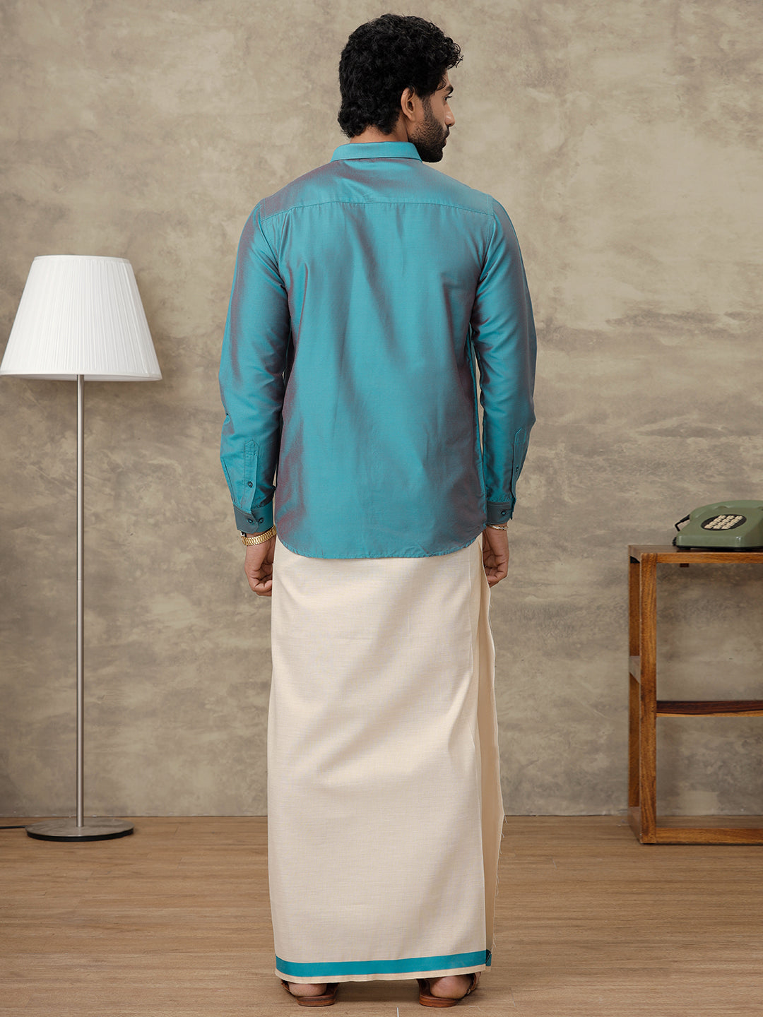 Men Cotton Rich Green Shirt and Tissue Dhoti Set SMC6
