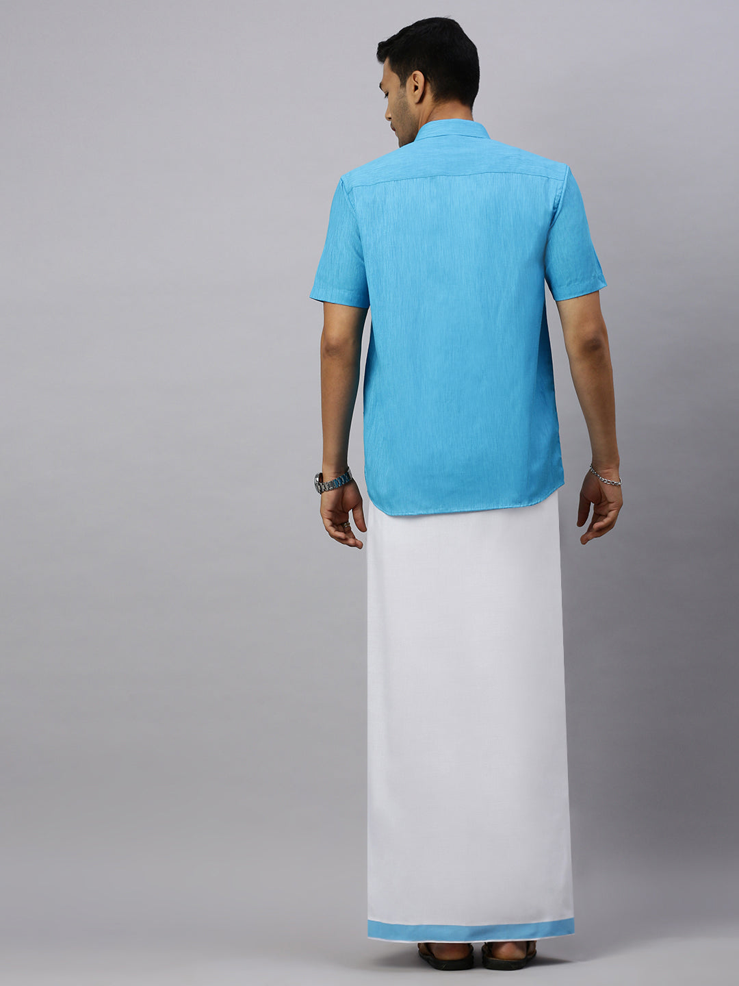 Mens Eastern Blue Matching Border Dhoti & Half Sleeves Shirt Set CV5