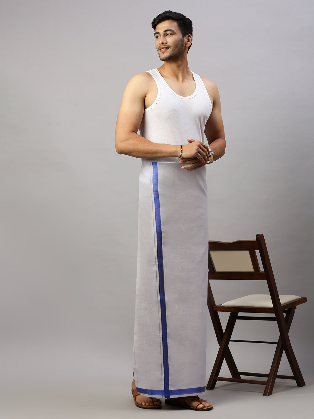 Men Tissue Single Layer Royal Blue Dhoti with Big Border Extreme