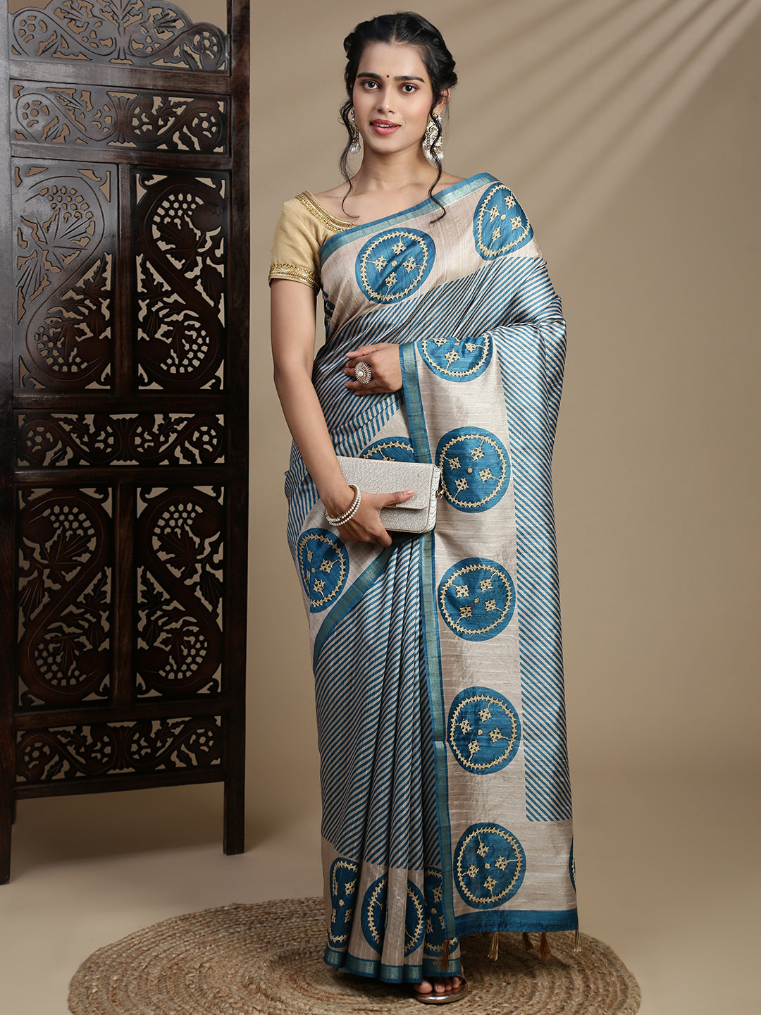 Women Blue with Brown Semi Raw Silk Embroidered Saree SRS113
