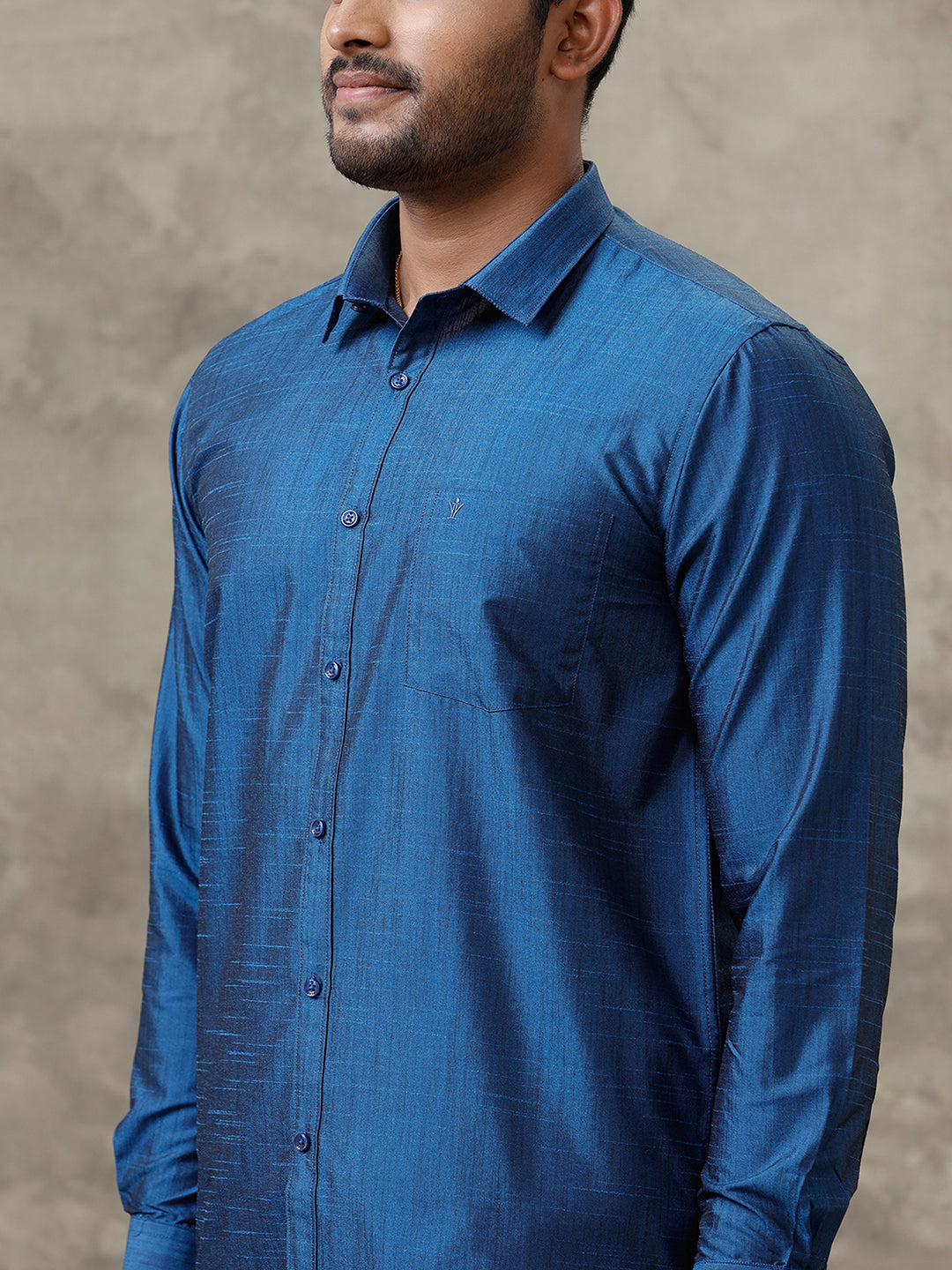 Men Cotton Blend Dark Blue Shirt and Tissue Dhoti Set VB9