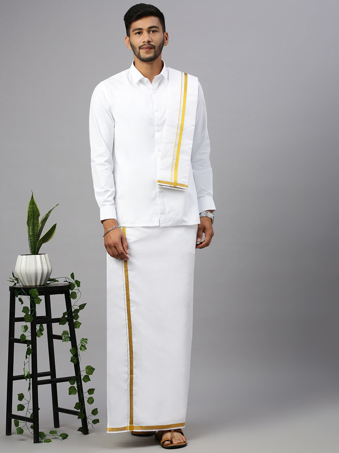 Premium Wedding White Readymade Dhoti, Shirt & Towel Set Dhanvanthri