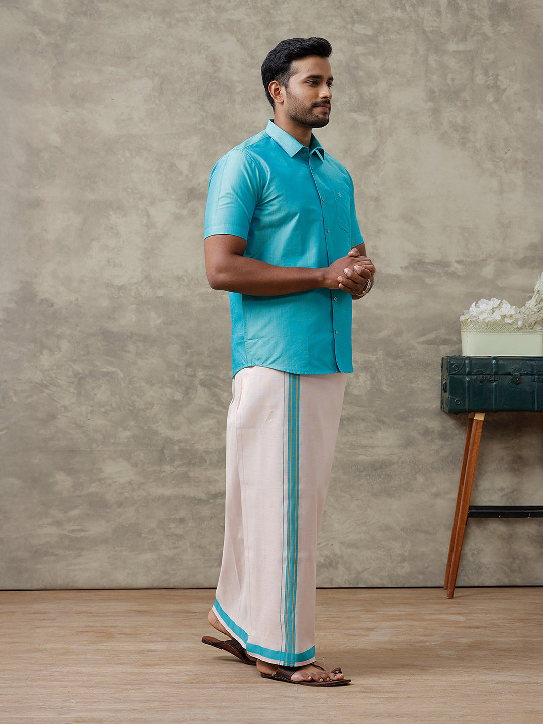 Men Cotton Blend Aqua Blue Shirt and Tissue Dhoti Set VB8