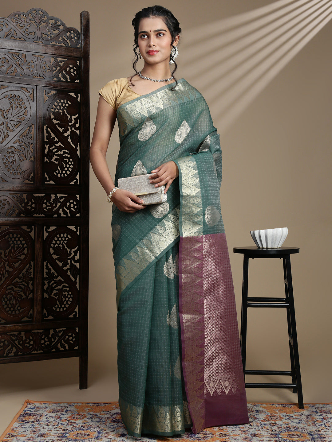 Women Semi Kora Cotton Dark Green Saree SK122