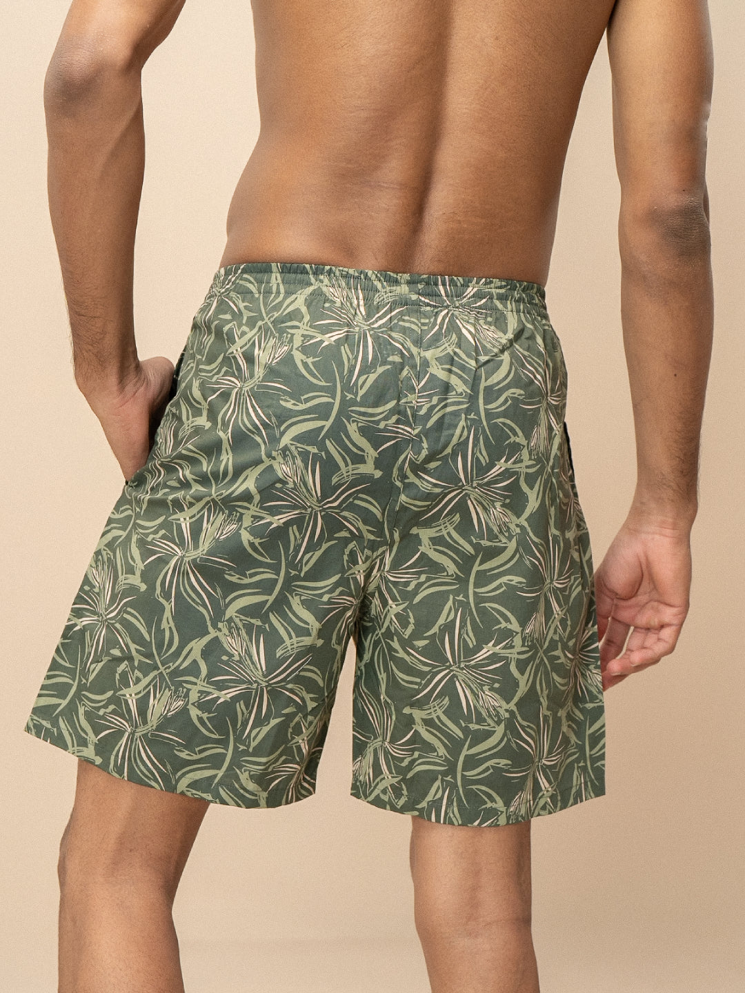 Men 100% Combed Cotton Olive Green Woven Printed Boxer Long Shorts WB54