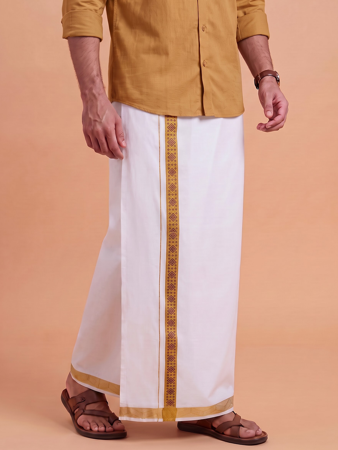 Single Layer Cotton Blend White Dhoti with Fancy Jari Border - GP05