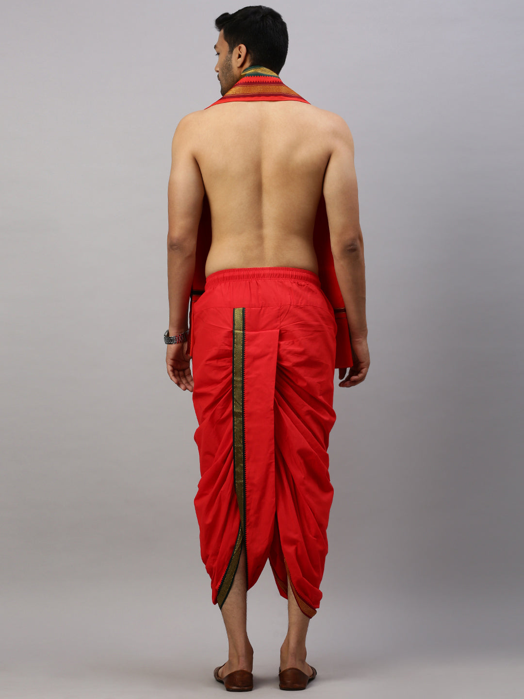 Men Readymade Panchakacham & Towel Set Red Naivedhya