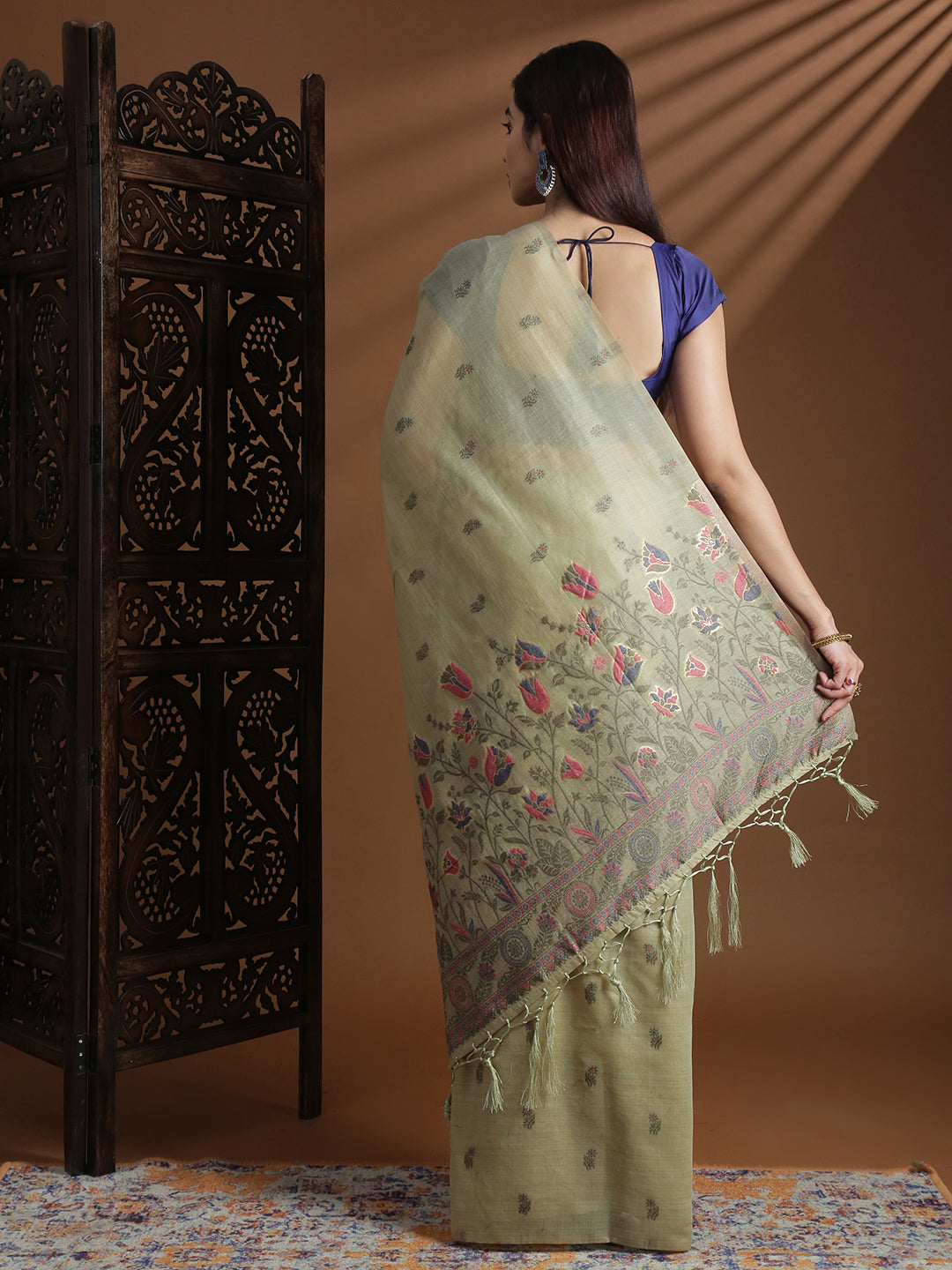 Women Sage Green Cotton Weaving Saree PCS255