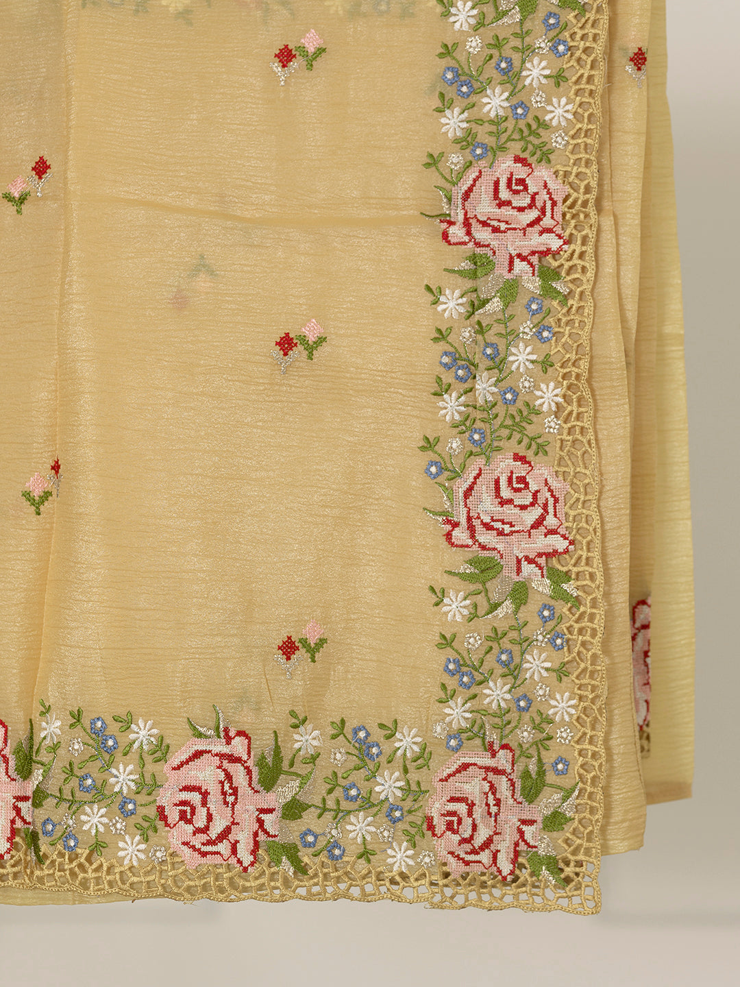 Women Light Yellow Tissue Embroidered Saree TS08