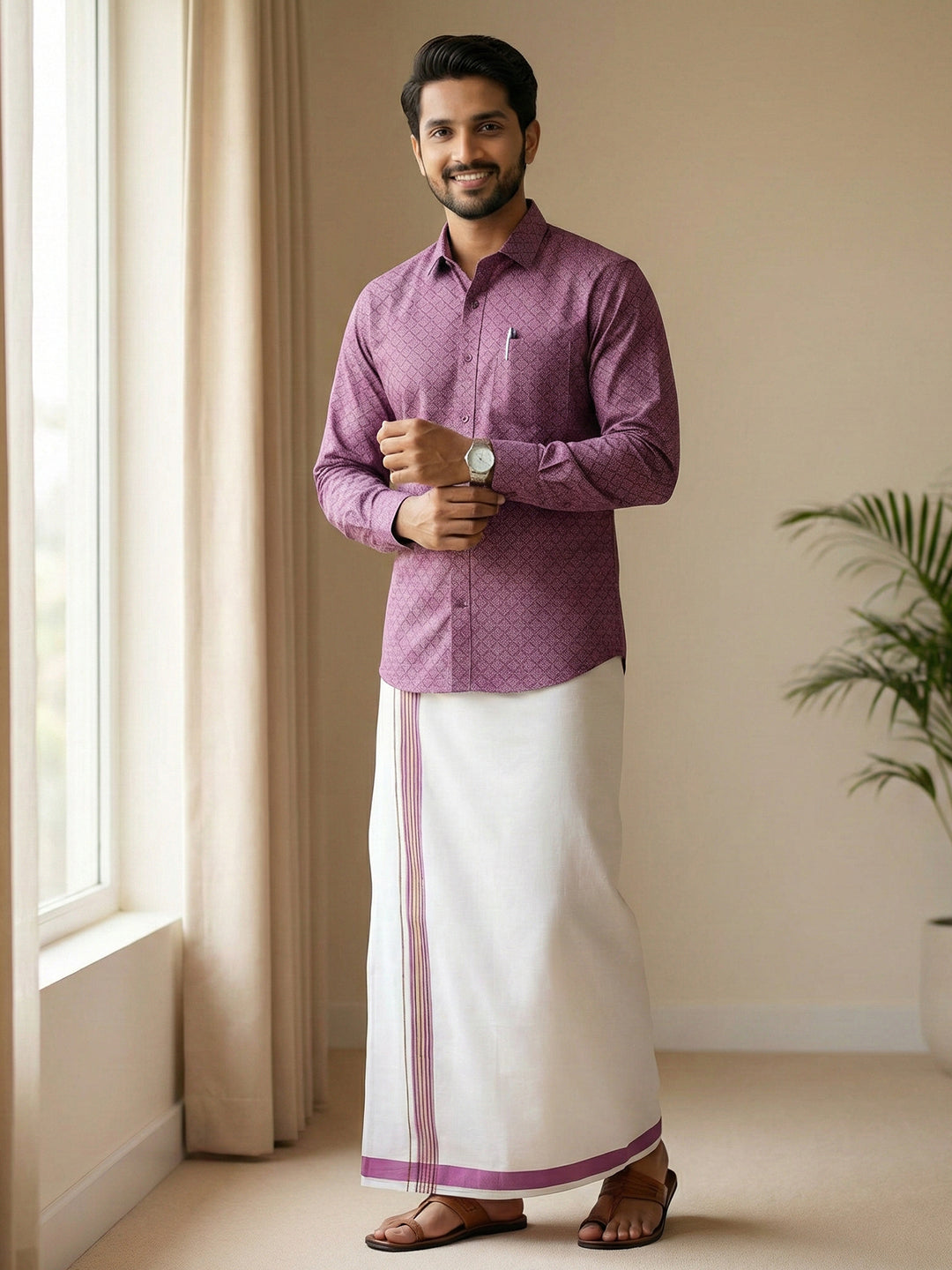 Men Dark Megenta Matching Border Dhoti With Printed Shirt Set Fusion PS28