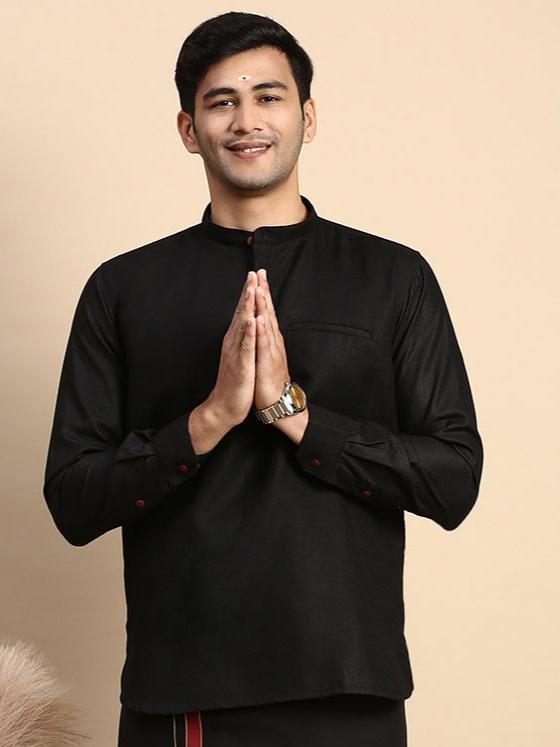 Men Cotton Short Length Self Design Pocket Kurta Black KP6