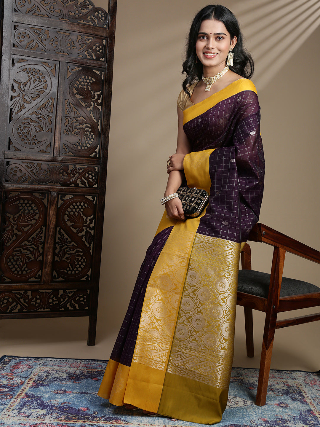 Women Kora Cotton Dark Purple Saree SK121