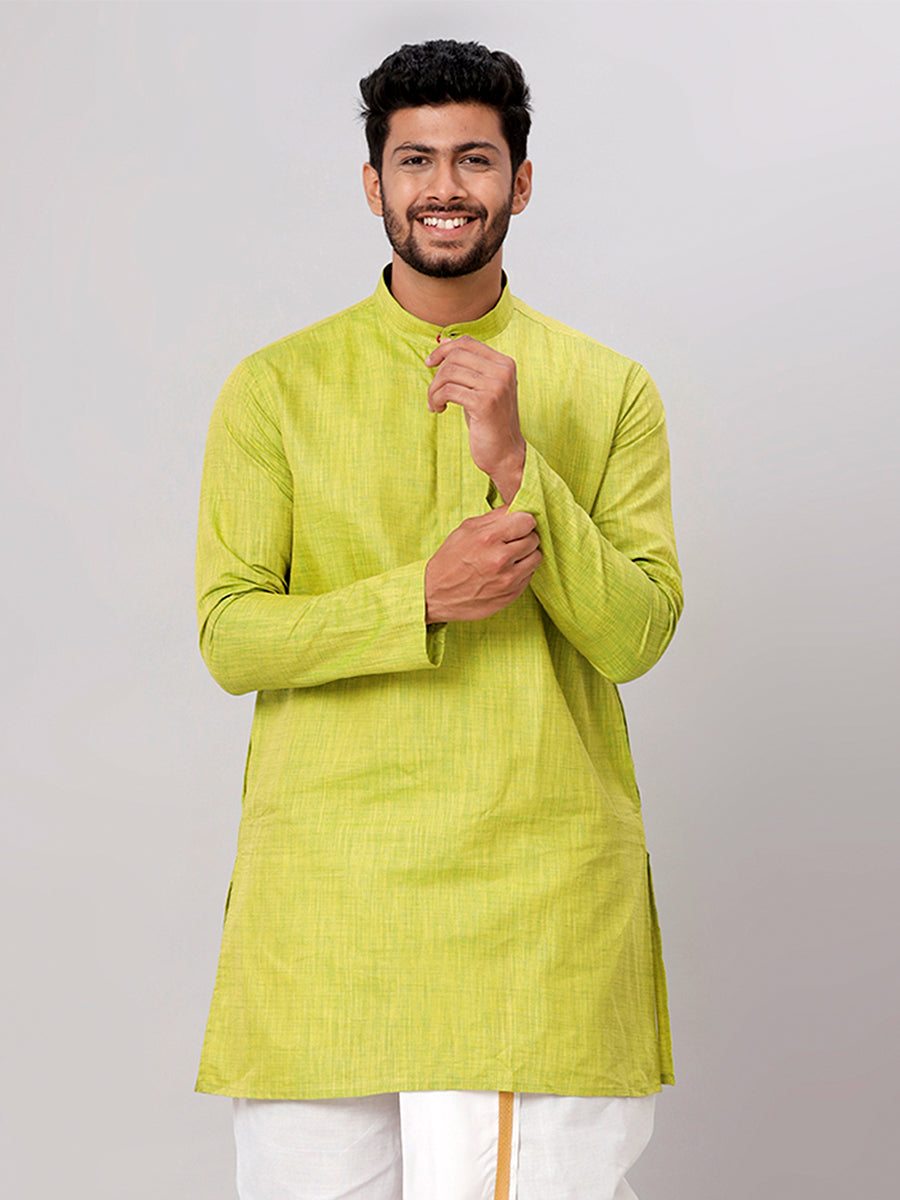 Mens Cotton Full Sleeves Parrot Green Medium Length Pocket Kurta FS2