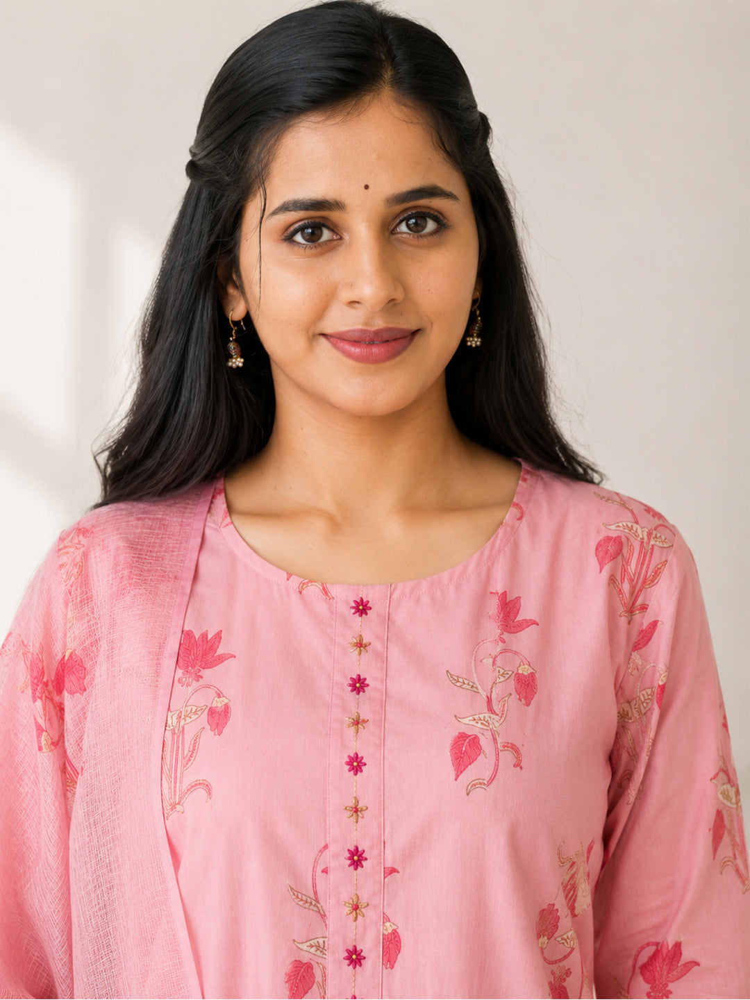 Women Cotton Printed Pink Kurti Set EKS136