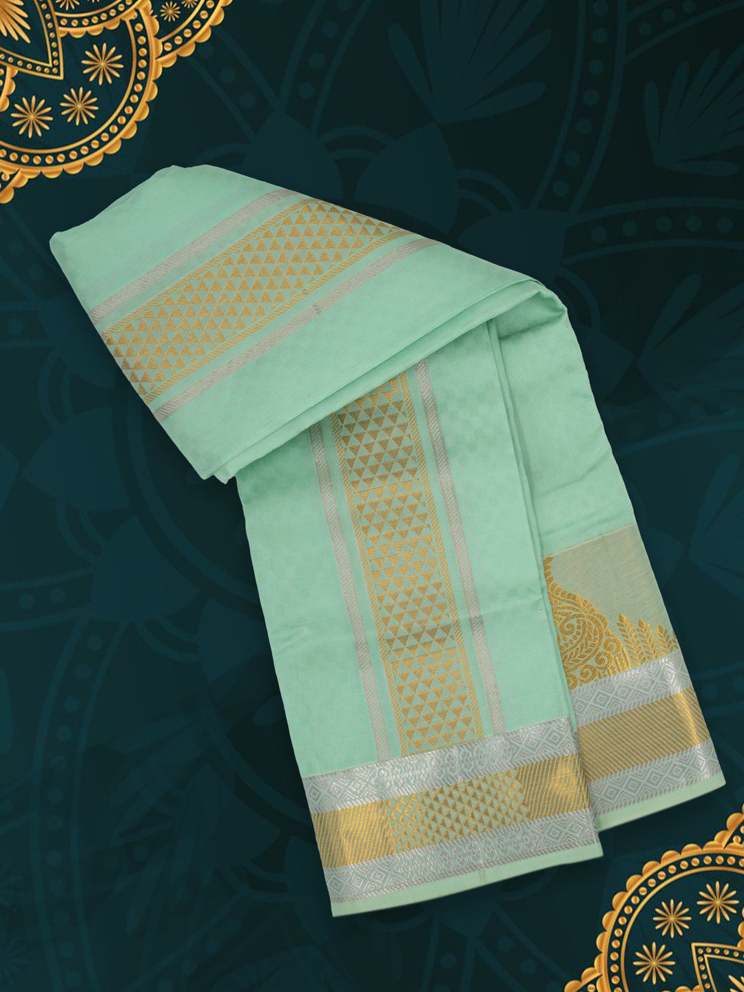 Men Pure Silk Green Dhoti & Towel Set with 4" inch Silver Jari Border TKC13