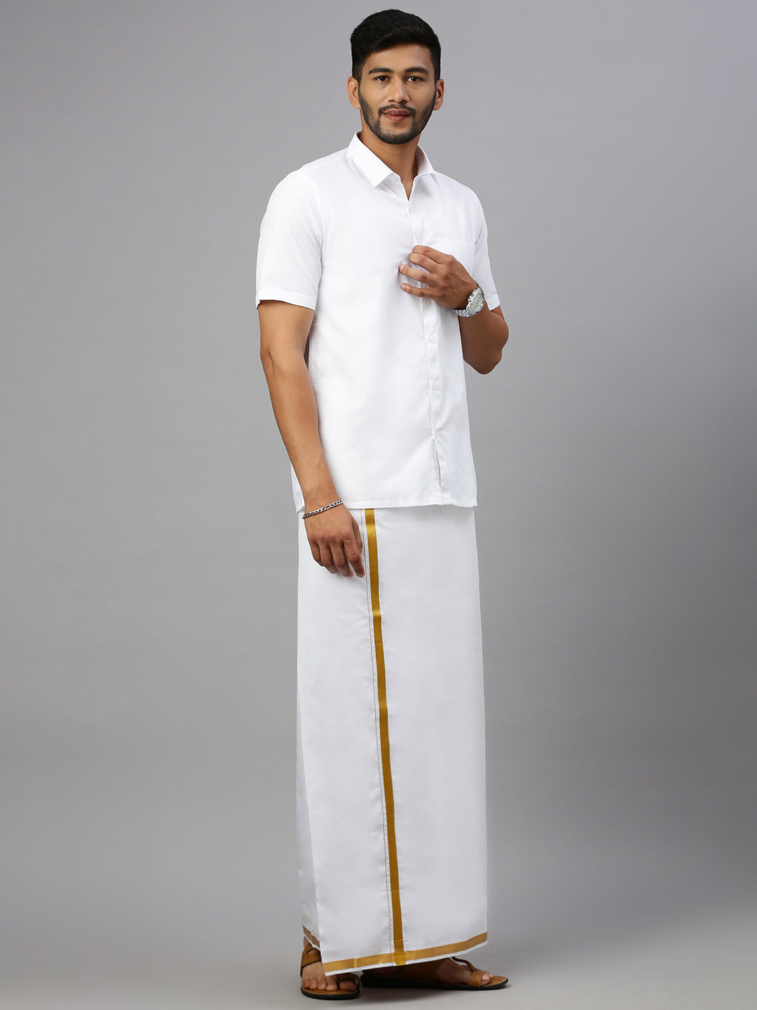 Men 100% Cotton Single Layer White Dhoti with 1" Gold Jari Border Aruthra