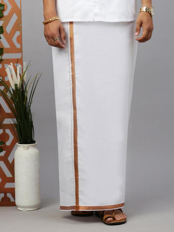 Men Cotton Blend Single Layer White Dhoti with 3/4" Copper Jari Border