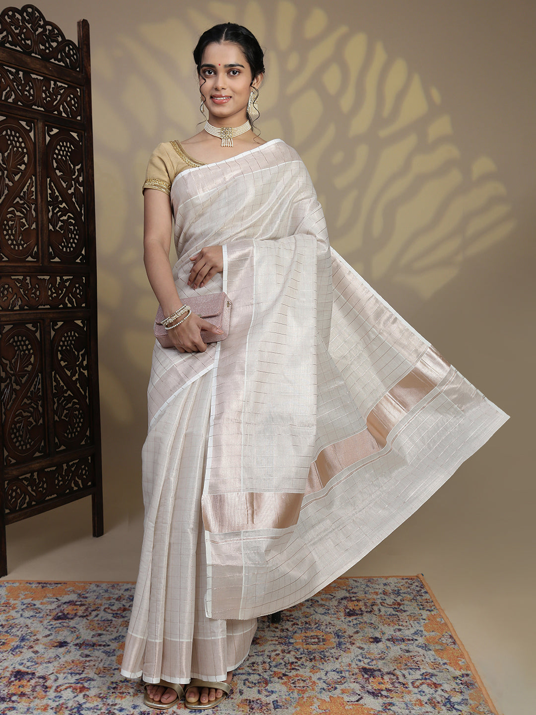 Women Kerala Tissue Checks Saree with Light Copper Border KS227