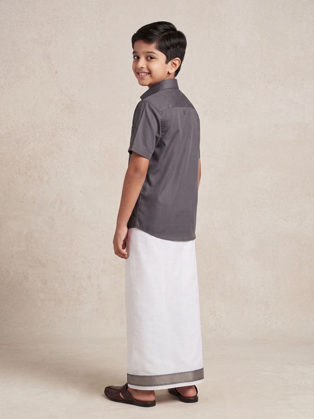 Boys 100% Cotton Shuttle Grey Shirt and Fancy Jari Border Dhoti Set BT6