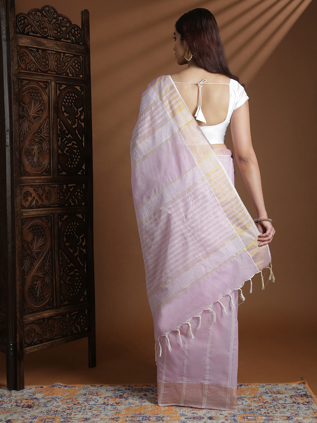 Women Lavender Striped Cotton Jute Saree CJ11