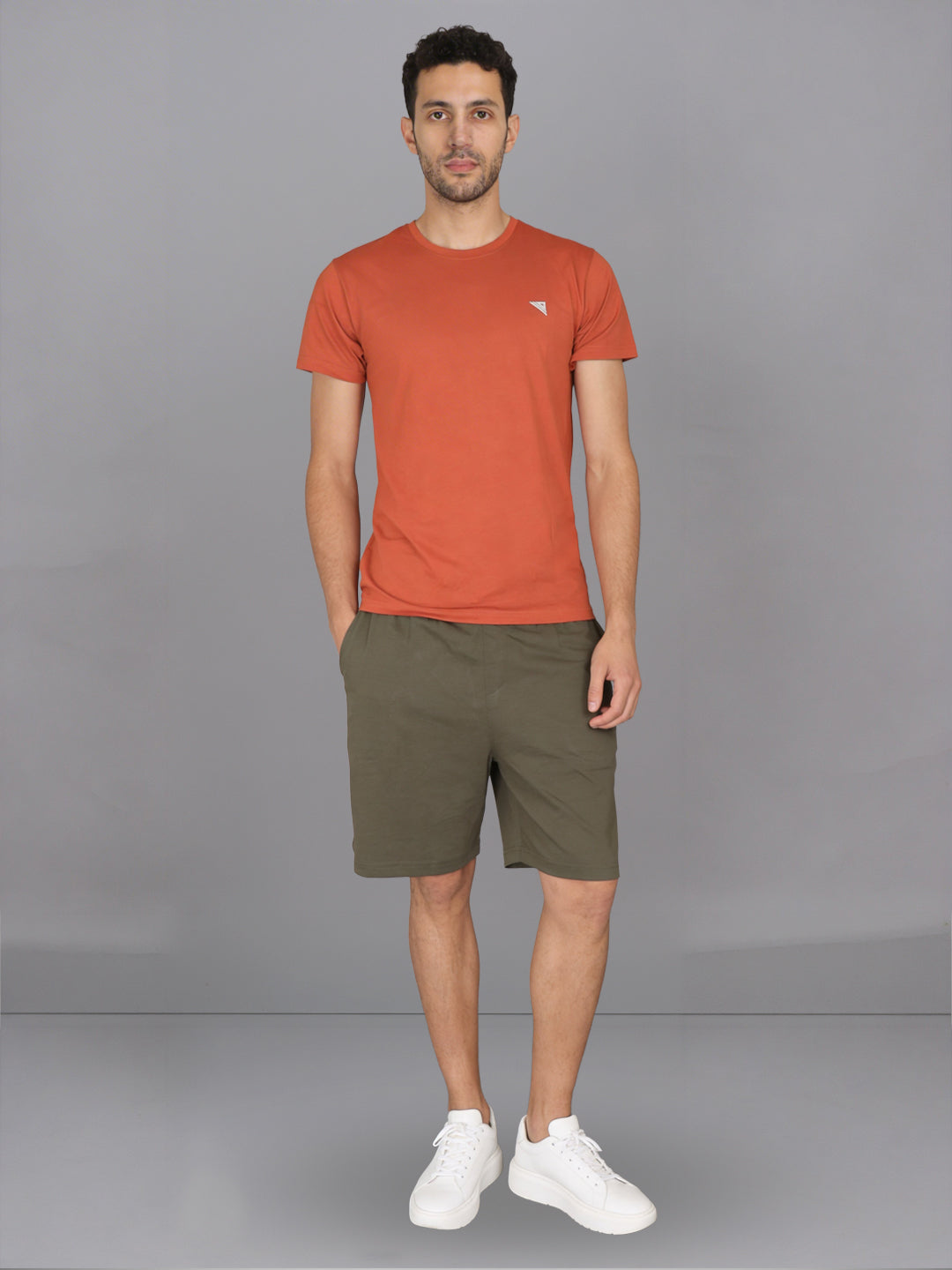 Men Orange Crew neck T-Shirt with Olive Green Shorts Combo ES7
