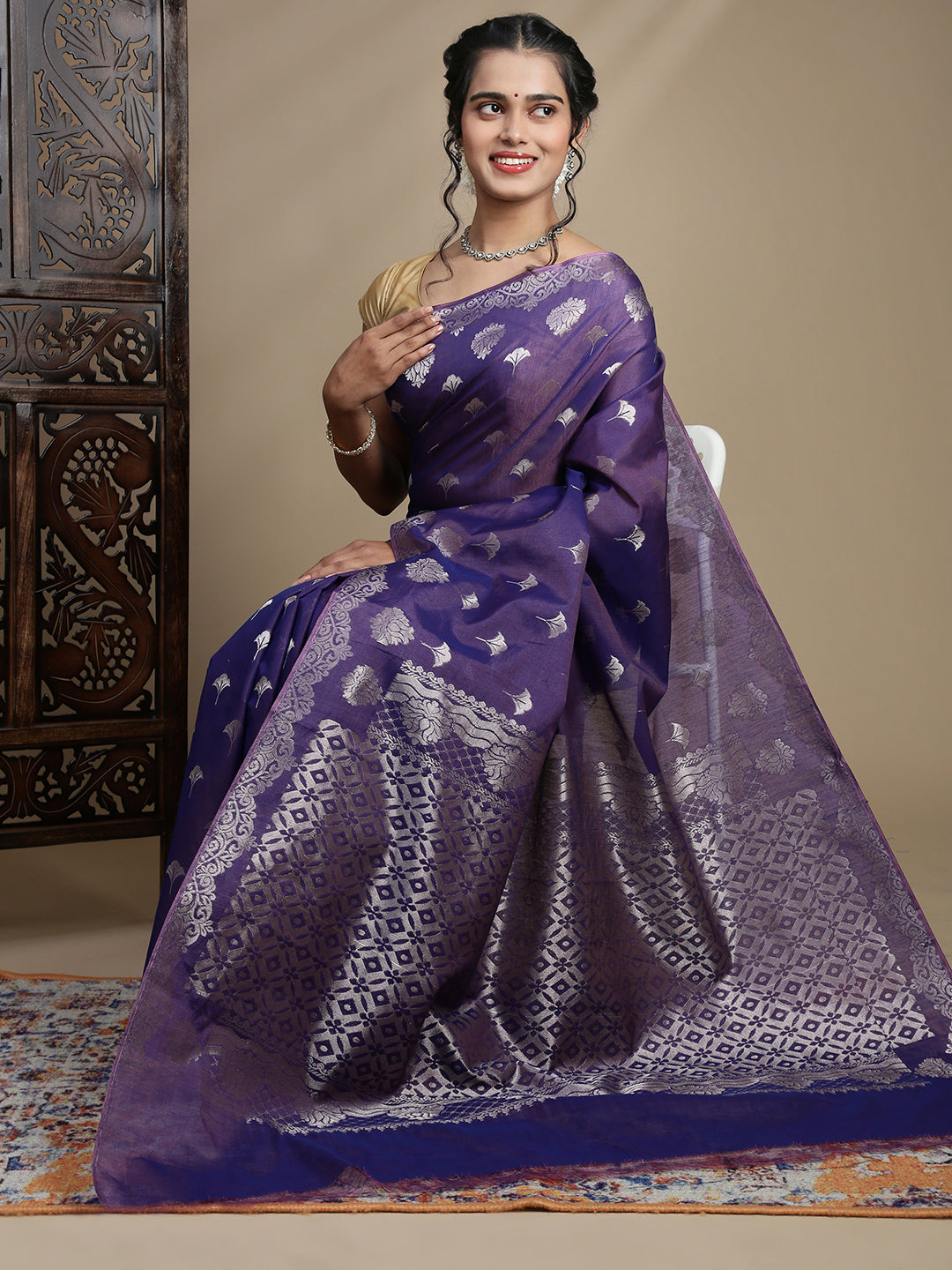 Women Lavender Kora Cotton Saree SK101