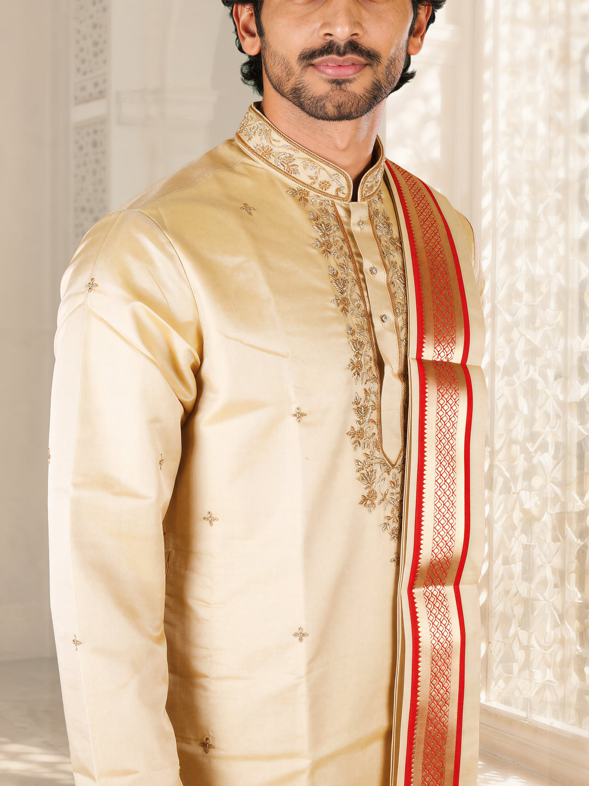 LAGNAA Premium Pure Tussar Silk Hand Embroidered Lotus Motifs Kurta, Panchakacham & Angavastram with Banaras Border| Mangala Varnam