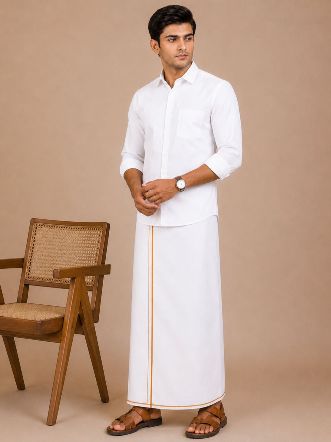 Men 100% Cotton Single Layer White Dhoti with Small Border Moontex MT01