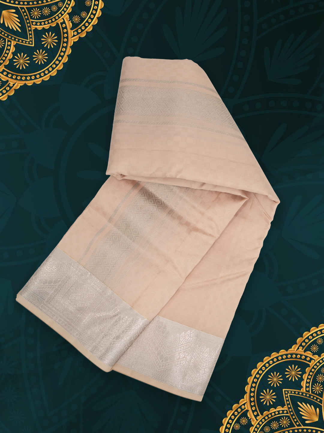Men Pure Silk Beige Dhoti & Towel Set with 4" inch Silver Jari Border TKC12