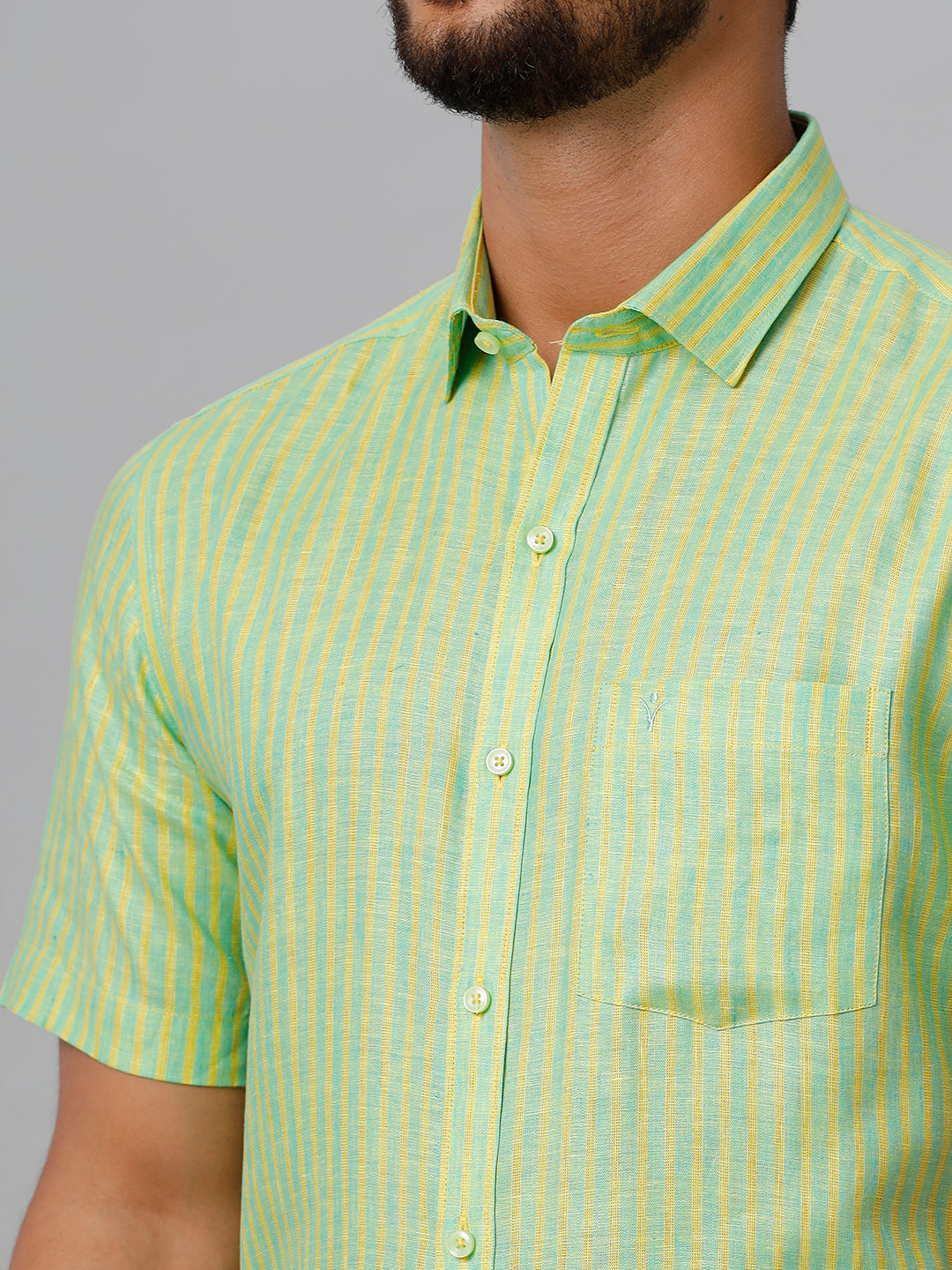 Mens Pure Linen Striped Half Sleeves Green & Yellow Shirt LS6-Zoom view