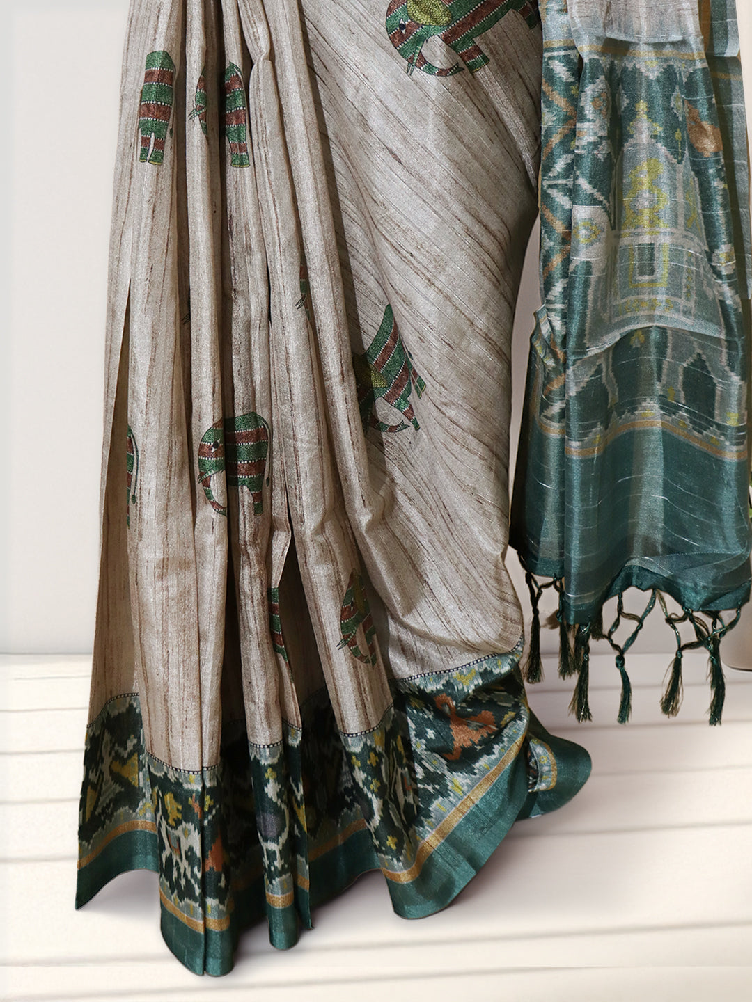 Women Brown with Green Semi Tussar Printed Saree ST309