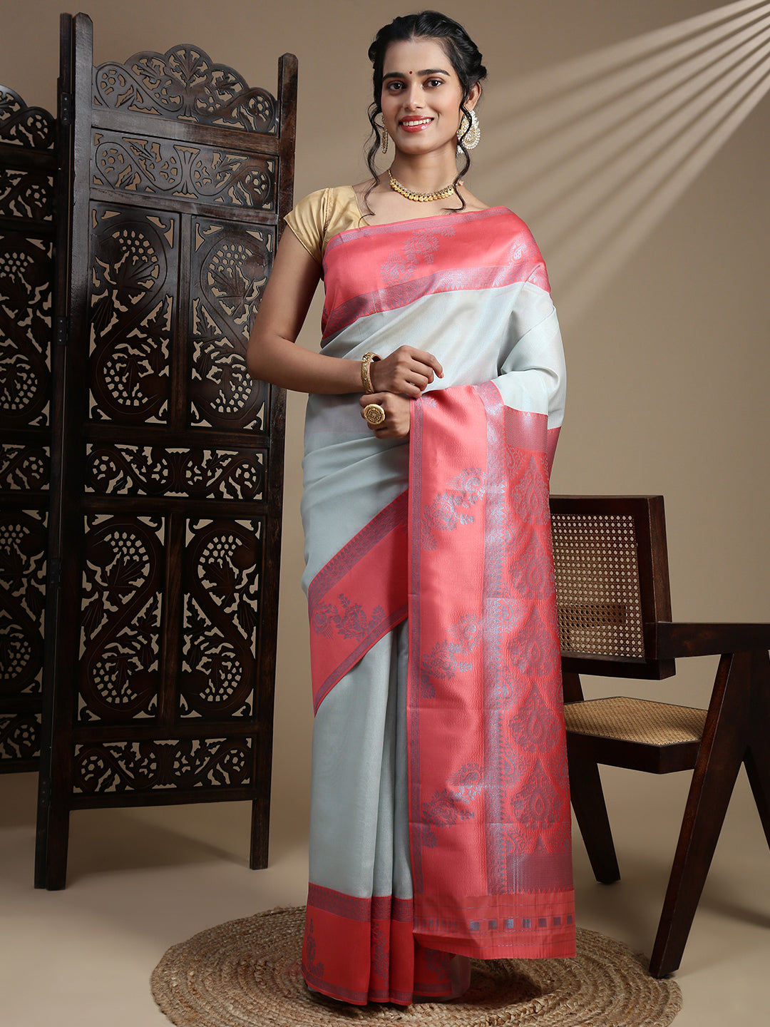 Women Cyan Blue Tissue Saree TS59
