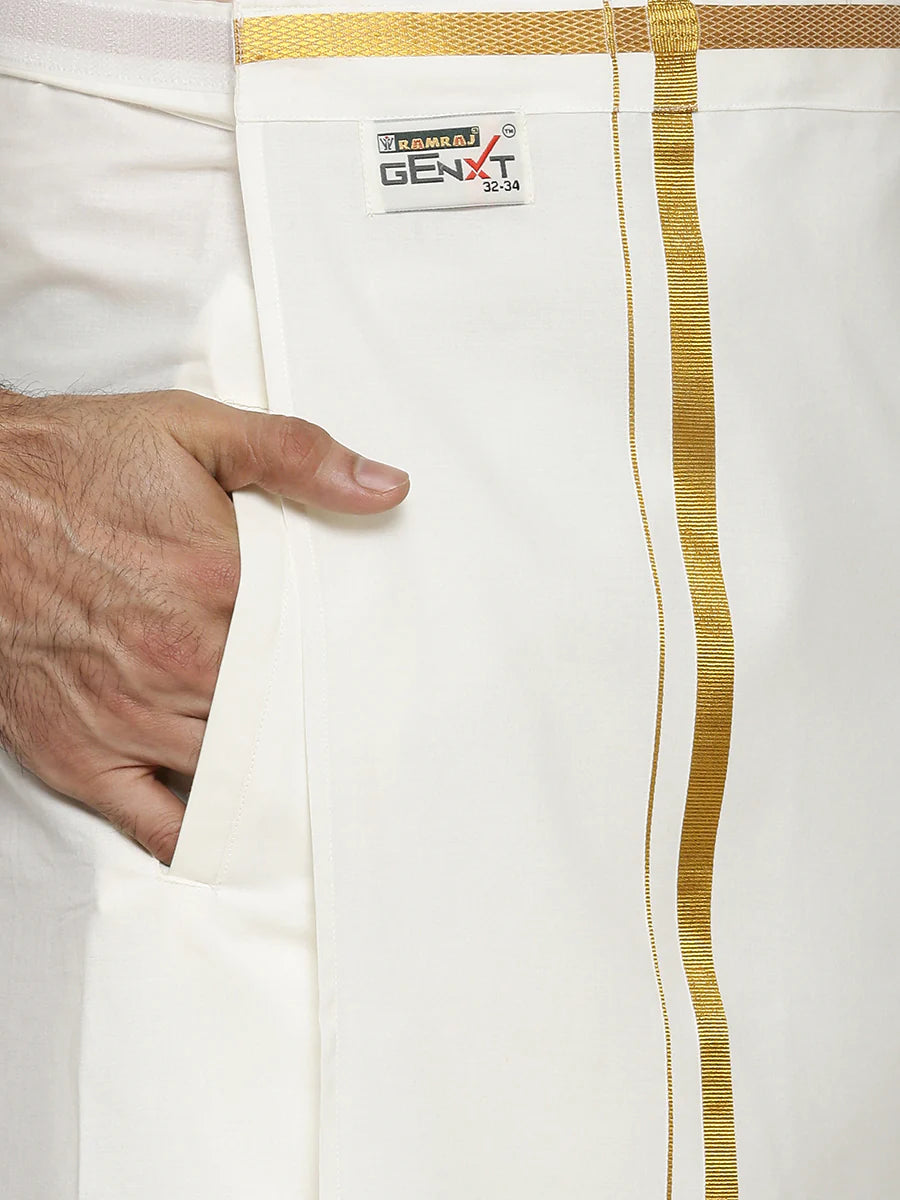 Men 100% Cotton Readymade Double Layer Cream Dhoti with Gold Jari Border